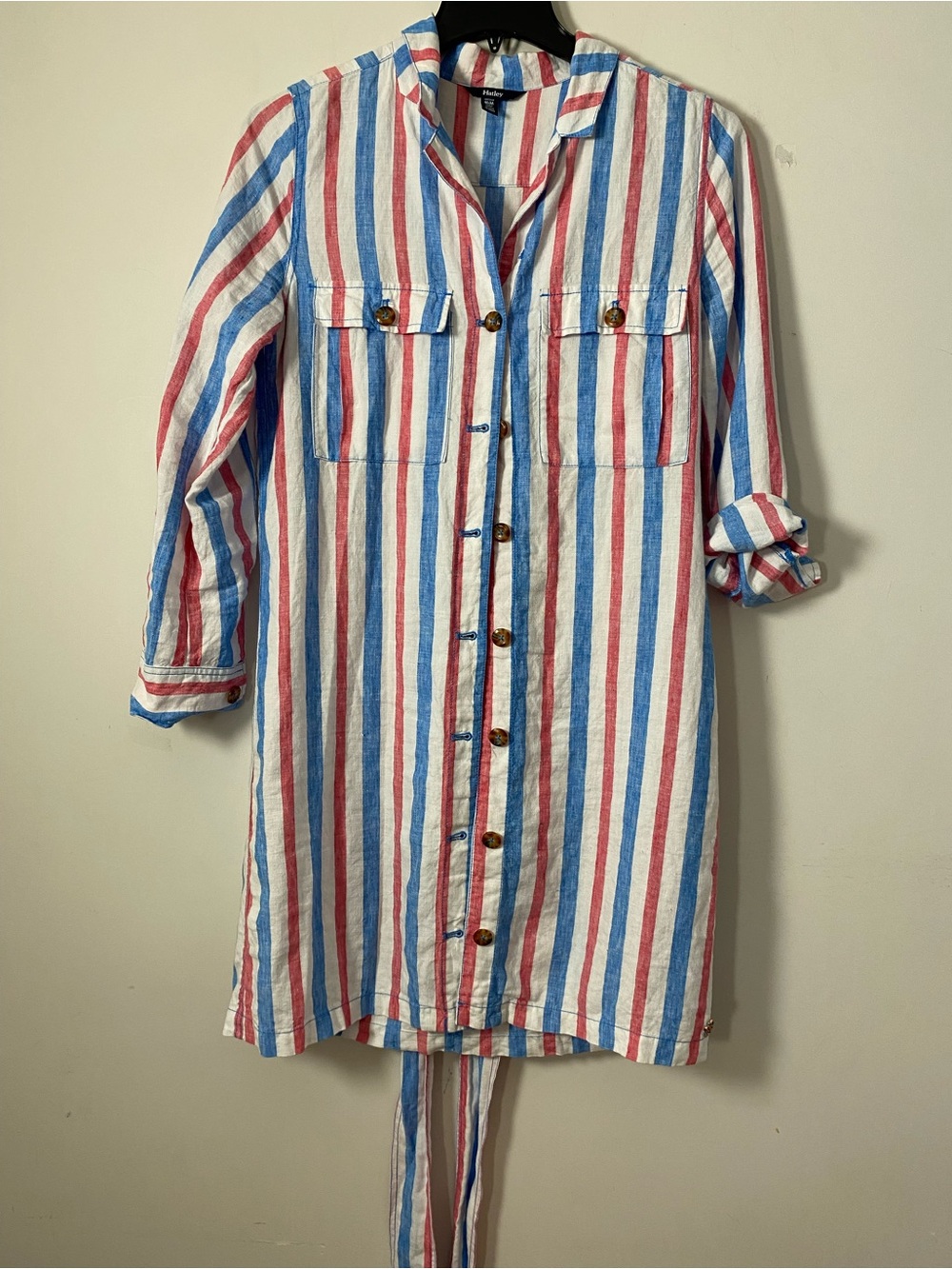 Linen Striped Button-Down Shirt Dress in Red, White & Blue